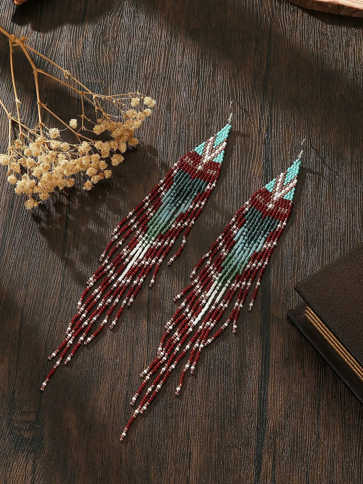 Handmade Beaded Tassel Earrings, Boho Style Red Green Ombre Drop Earrings for Daily Wear
